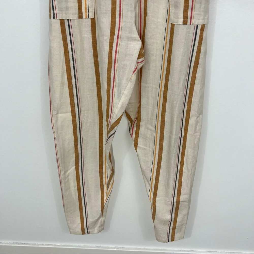 Billabong Striped Linen Jumpsuit in White and Tan - Picture 6 of 11